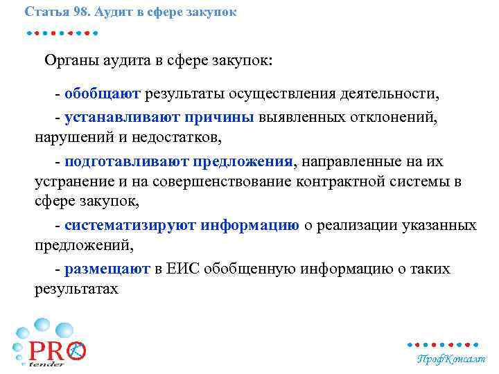 Статья 98. Аудит в сфере закупок Органы аудита в сфере закупок: - обобщают результаты