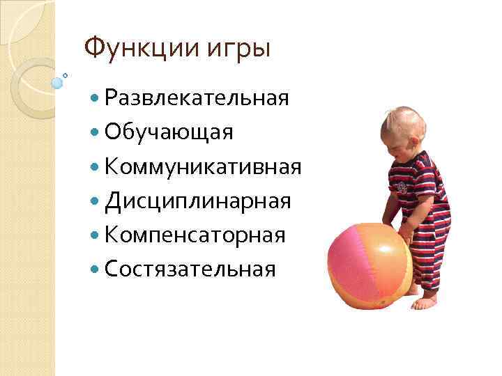 Функции игры Развлекательная Обучающая Коммуникативная Дисциплинарная Компенсаторная Состязательная 