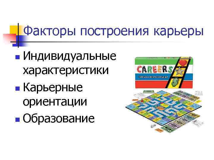 Факторы построения карьеры Индивидуальные характеристики n Карьерные ориентации n Образование n 