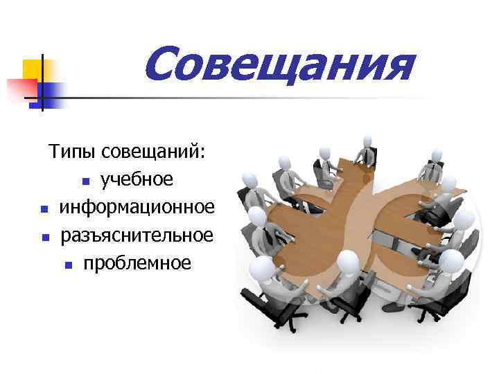 Совещания Типы совещаний: n учебное n информационное n разъяснительное n проблемное 