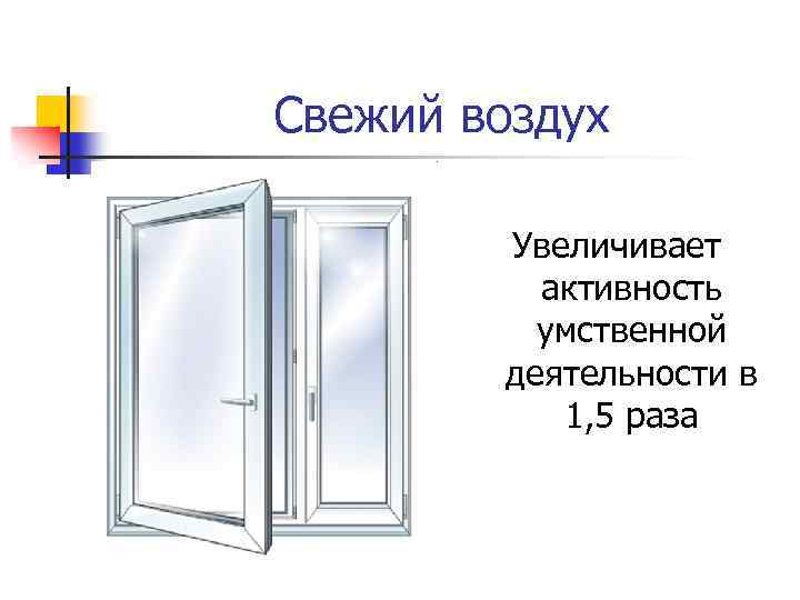 Свежий воздух Увеличивает активность умственной деятельности в 1, 5 раза 