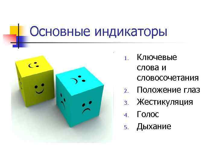 Основные индикаторы 1. 2. 3. 4. 5. Ключевые слова и словосочетания Положение глаз Жестикуляция