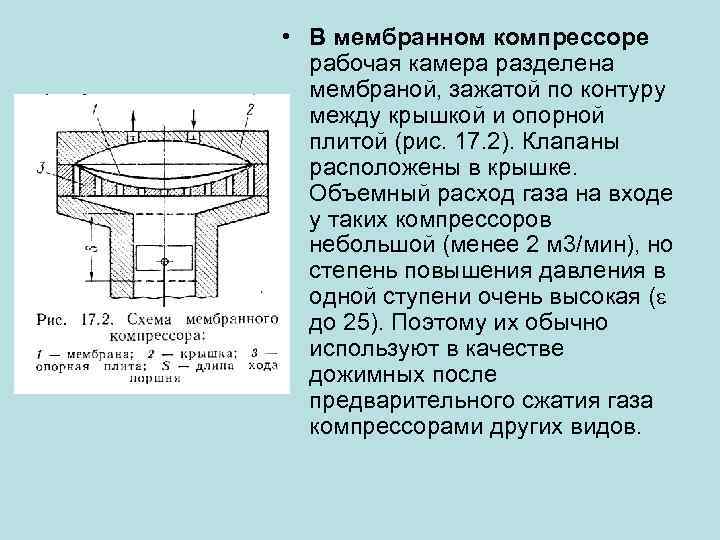  • В мембранном компрессоре рабочая камера разделена мембраной, зажатой по контуру между крышкой