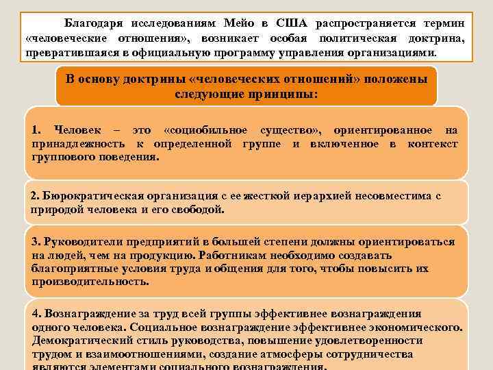 Благодаря исследованиям Мейо в США распространяется термин «человеческие отношения» , возникает особая политическая доктрина,