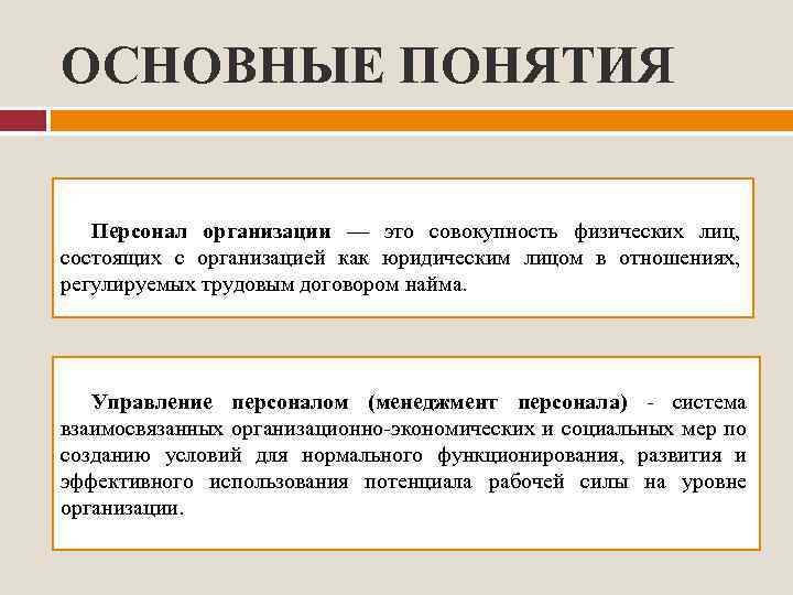 ОСНОВНЫЕ ПОНЯТИЯ Персонал организации — это совокупность физических лиц, состоящих с организацией как юридическим