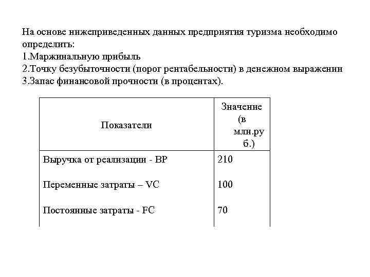 На основе нижеприведенных данных предприятия туризма необходимо определить: 1. Маржинальную прибыль 2. Точку безубыточности