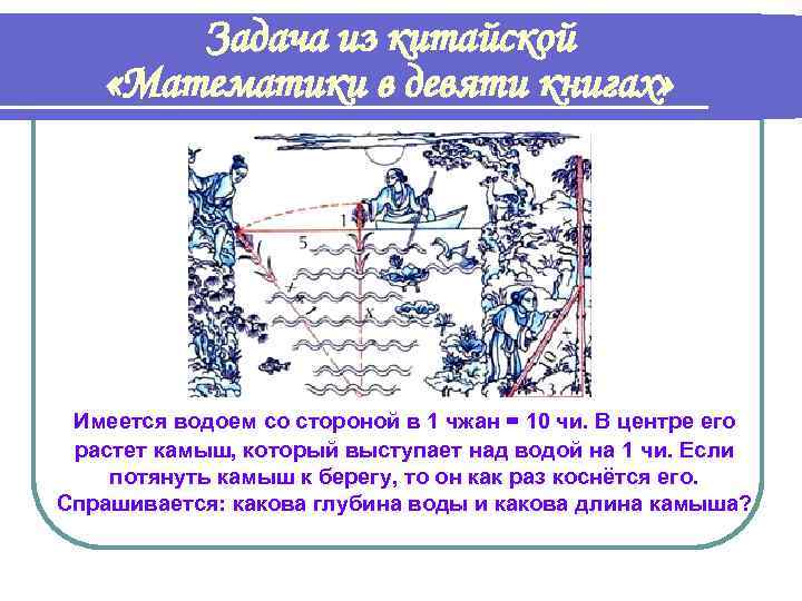 Задача из китайской «Математики в девяти книгах» Имеется водоем со стороной в 1 чжан