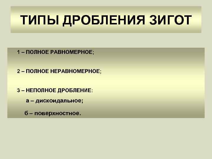 ТИПЫ ДРОБЛЕНИЯ ЗИГОТ 1 – ПОЛНОЕ РАВНОМЕРНОЕ; 2 – ПОЛНОЕ НЕРАВНОМЕРНОЕ; 3 – НЕПОЛНОЕ