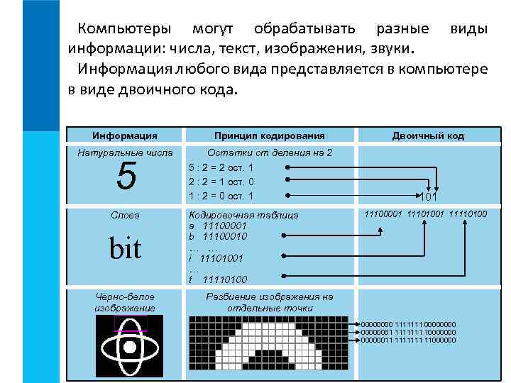 Компьютеры могут обрабатывать разные виды информации: числа, текст, изображения, звуки. Информация любого вида представляется