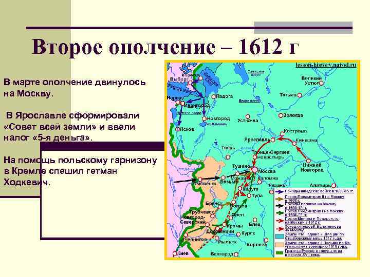 Второе ополчение – 1612 г В марте ополчение двинулось на Москву. В Ярославле сформировали