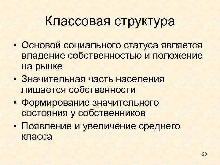 Классовая структура • Основой социального статуса является владение собственностью и положение на рынке •