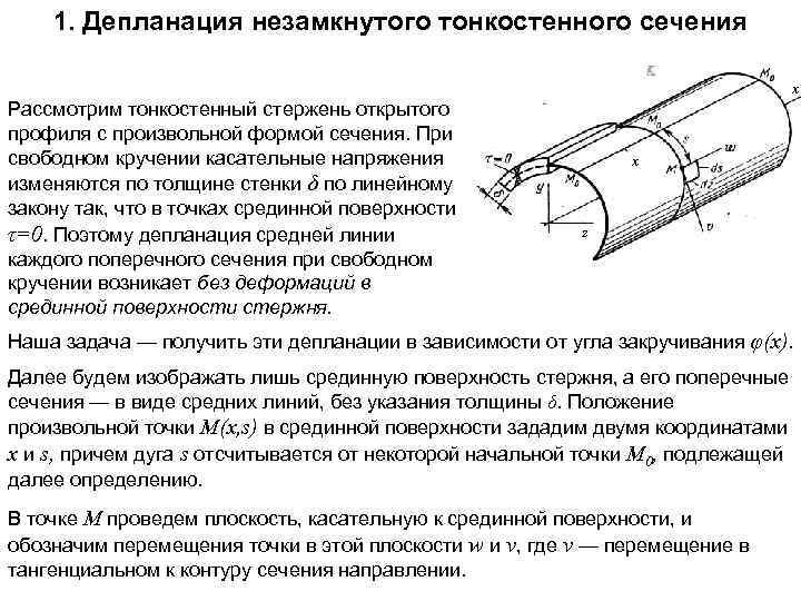 1. Депланация незамкнутого тонкостенного сечения x Рассмотрим тонкостенный стержень открытого профиля с произвольной формой