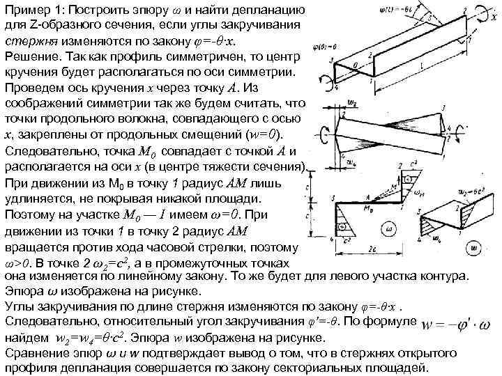 Пример 1: Построить эпюру ω и найти депланацию для Ζ-образного сечения, если углы закручивания