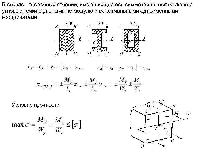 В случае поперечных сечений, имеющих две оси симметрии и выступающие угловые точки с равными