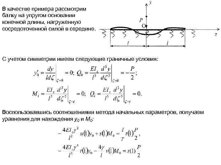 В качестве примера рассмотрим балку на упругом основании конечной длины, нагруженную сосредоточенной силой в