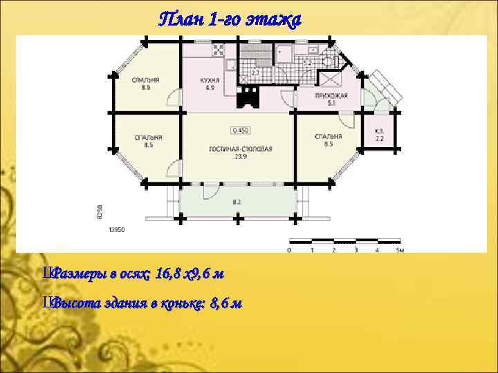 План 1 -го этажа Ш Размеры в осях: 16, 8 х9, 6 м Ш