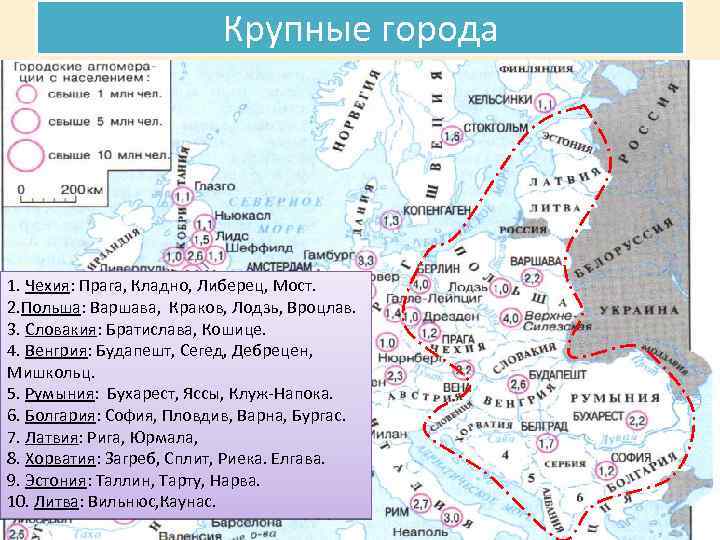 Крупные города 1. Чехия: Прага, Кладно, Либерец, Мост. 2. Польша: Варшава, Краков, Лодзь, Вроцлав.