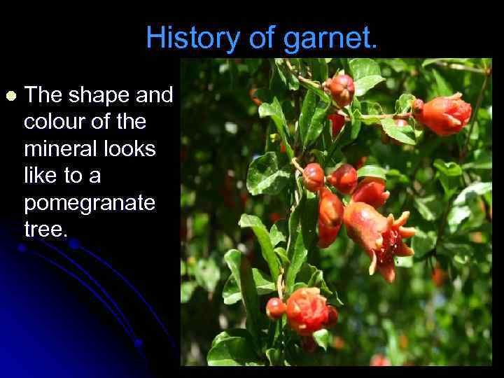 History of garnet. l The shape and colour of the mineral looks like to