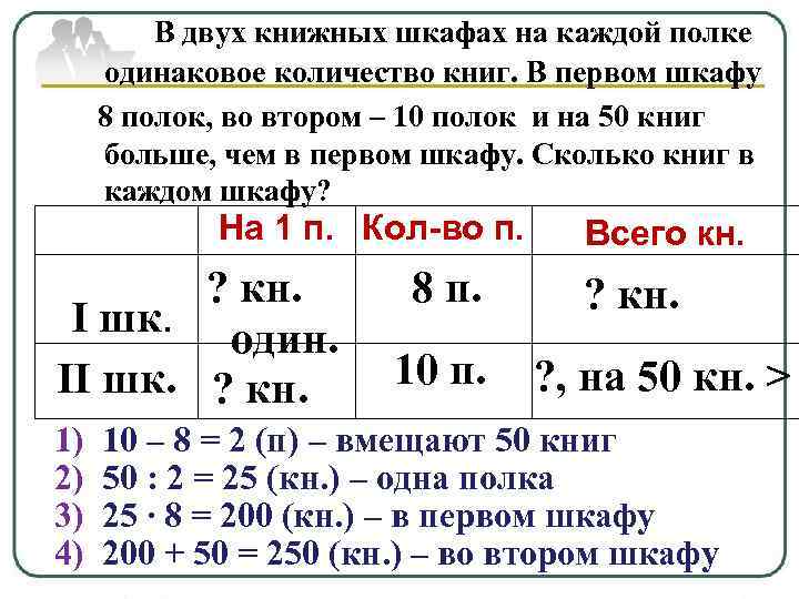 В двух книжных шкафах на каждой полке одинаковое количество книг. В первом шкафу 8