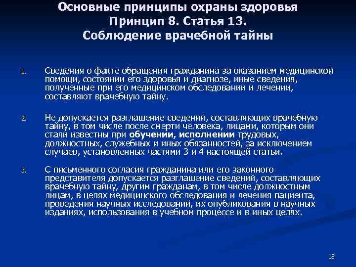 Основные принципы охраны здоровья Принцип 8. Статья 13. Соблюдение врачебной тайны 1. Сведения о
