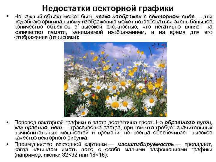Недостатки векторной графики • Не каждый объект может быть легко изображен в векторном виде