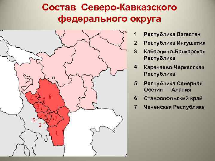 Состав Северо-Кавказского федерального округа 1 Республика Дагестан 2 Республика Ингушетия 3 Кабардино-Балкарская Республика 4