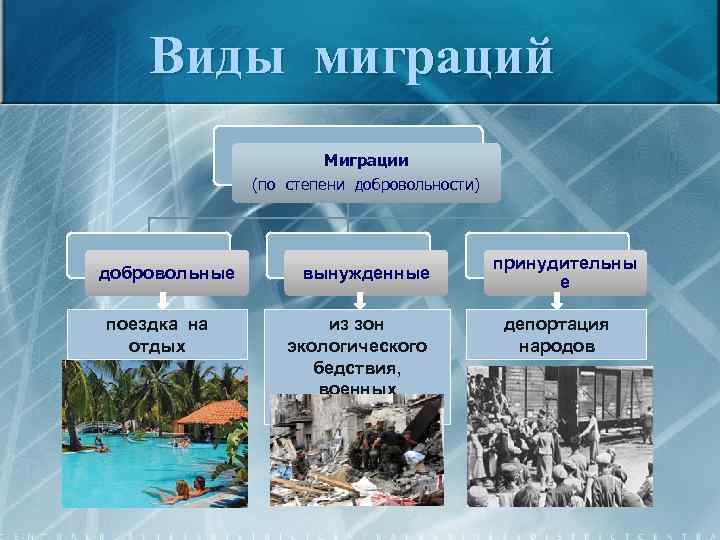 Виды миграций Миграции (по степени добровольности) добровольные поездка на отдых вынужденные из зон экологического