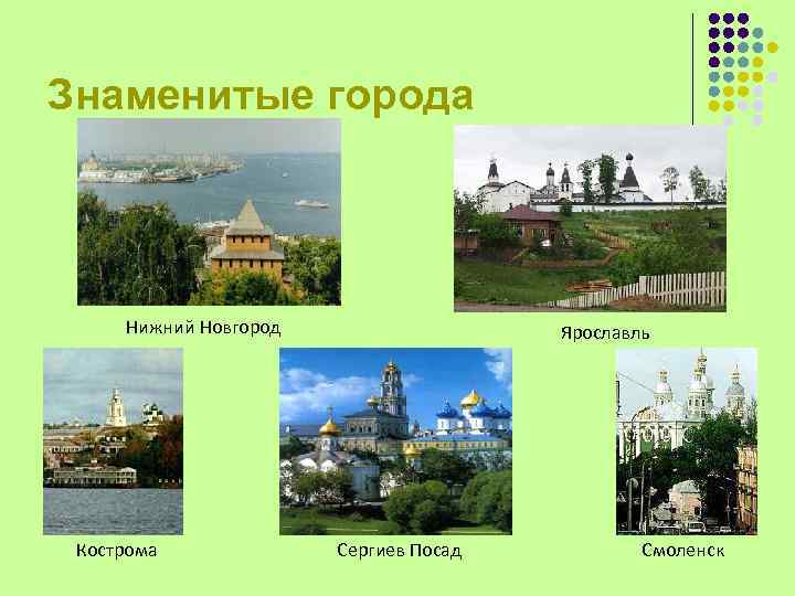 Знаменитые города Нижний Новгород Кострома Ярославль Сергиев Посад Смоленск 