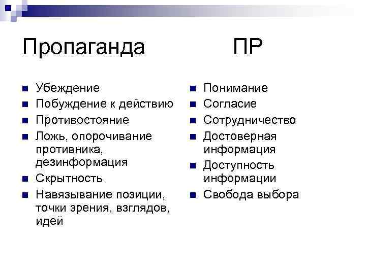 Пропаганда n n n Убеждение Побуждение к действию Противостояние Ложь, опорочивание противника, дезинформация Скрытность