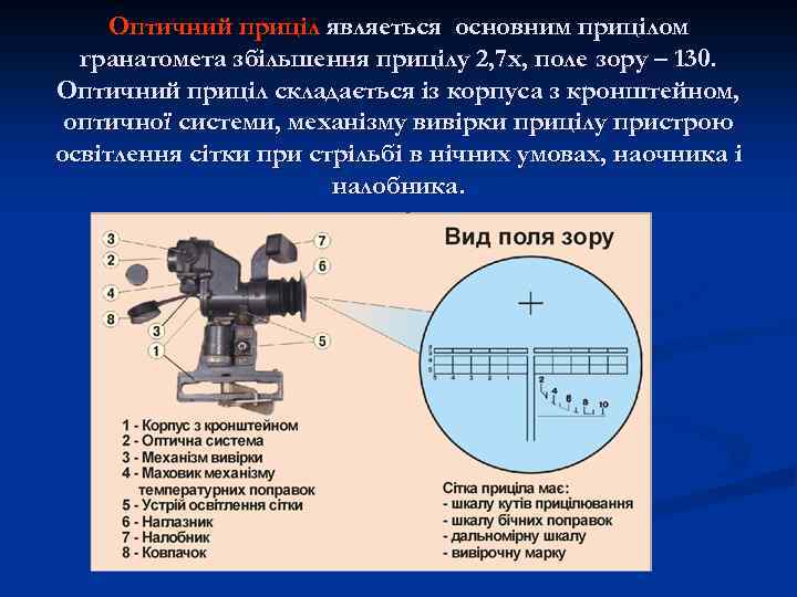 Оптичний приціл являеться основним прицілом гранатомета збільшення прицілу 2, 7 х, поле зору –