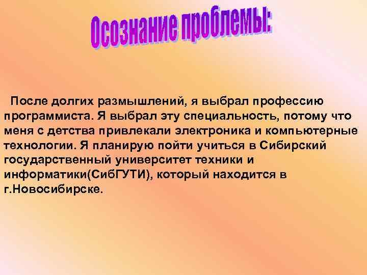 После долгих размышлений, я выбрал профессию программиста. Я выбрал эту специальность, потому что меня