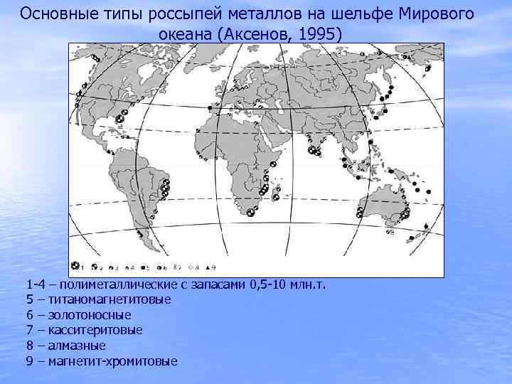 Основные типы россыпей металлов на шельфе Мирового океана (Аксенов, 1995) 1 -4 – полиметаллические