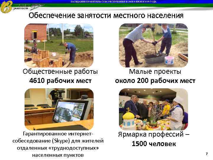 ЗАСЕДАНИЕ ПРАВИТЕЛЬСТВА РЕСПУБЛИКИ КОМИ 9 ИЮНЯ 2016 ГОДА Обеспечение занятости местного населения Общественные работы