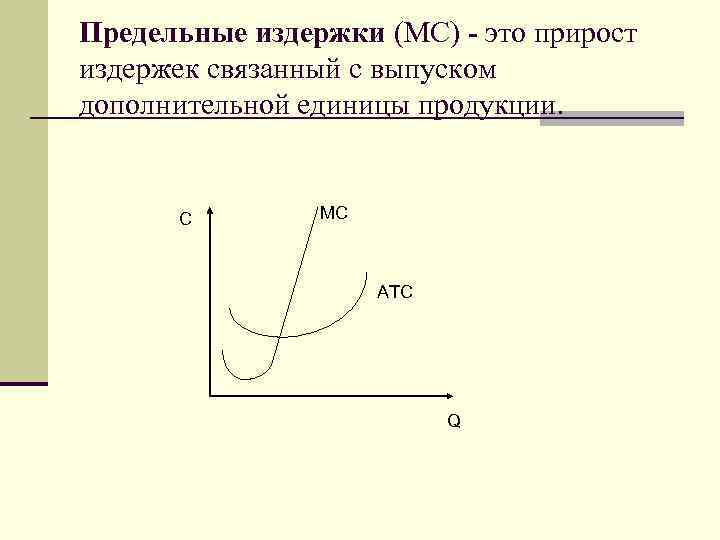 Предельные издержки (MC) - это прирост издержек связанный с выпуском дополнительной единицы продукции. C