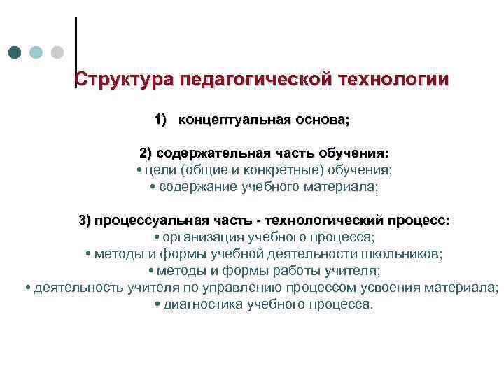 Структура педагогической технологии 1) концептуальная основа; 2) содержательная часть обучения: • цели (общие и