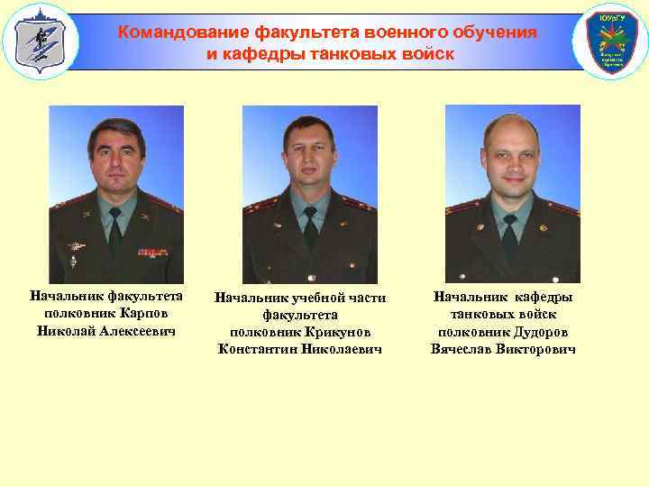 Командование факультета военного обучения и кафедры танковых войск Начальник факультета полковник Карпов Николай Алексеевич