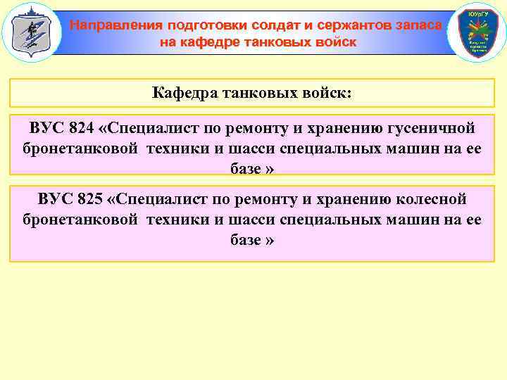 Направления подготовки солдат и сержантов запаса на кафедре танковых войск Кафедра танковых войск: ВУС