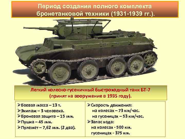 Период создания полного комплекта бронетанковой техники (1931 -1939 гг. ). Легкий колесно-гусеничный быстроходный танк