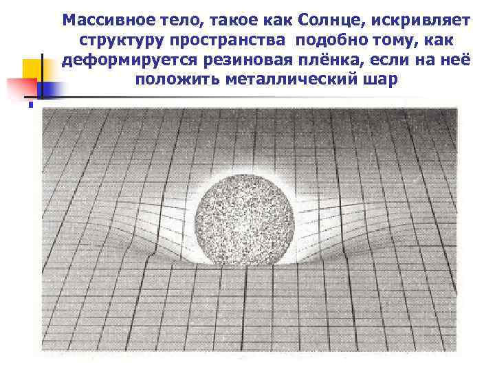 Массивное тело, такое как Солнце, искривляет структуру пространства подобно тому, как деформируется резиновая плёнка,