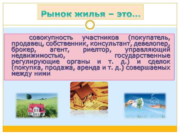 Рынок жилья – это… совокупность участников (покупатель, продавец, собственник, консультант, девелопер, брокер, агент, риелтор,