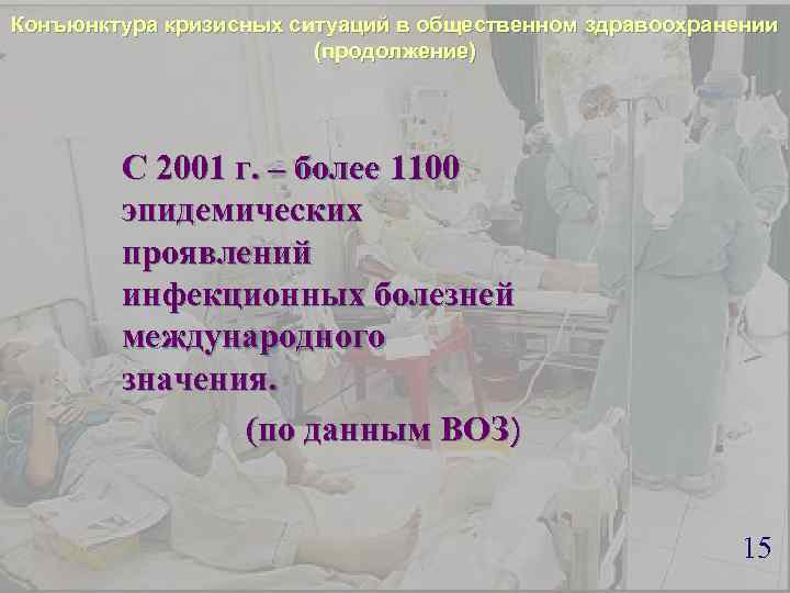Конъюнктура кризисных ситуаций в общественном здравоохранении (продолжение) С 2001 г. – более 1100 эпидемических