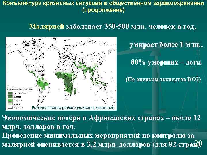Конъюнктура кризисных ситуаций в общественном здравоохранении (продолжение) Малярией заболевает 350 -500 млн. человек в