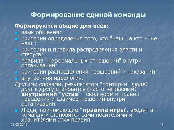 Формирование единой команды Формируются общие для всех: n язык общения; n критерии определения того,
