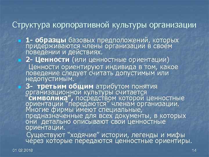 Структура корпоративной культуры организации 1 - образцы базовых предположений, которых придерживаются члены организации в