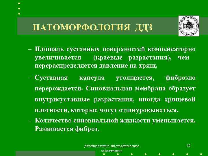 ПАТОМОРФОЛОГИЯ ДДЗ – Площадь суставных поверхностей компенсаторно увеличивается (краевые разрастания), чем перераспределяется давление на