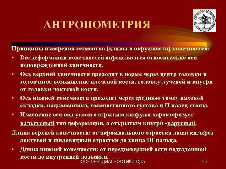 АНТРОПОМЕТРИЯ Принципы измерения сегментов (длины и окружности) конечностей: • Все деформации конечностей определяются относительно