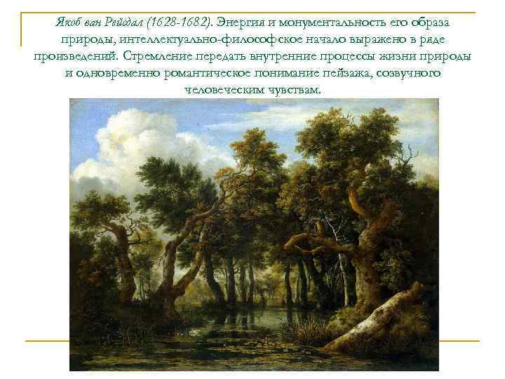 Якоб ван Рейсдал (1628 -1682). Энергия и монументальность его образа природы, интеллектуально-философское начало выражено