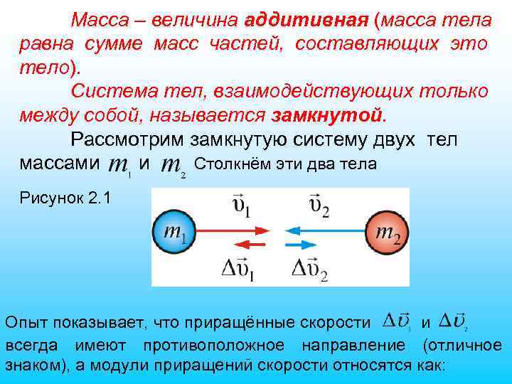 Масса – величина аддитивная (масса тела равна сумме масс частей, составляющих это тело). Система