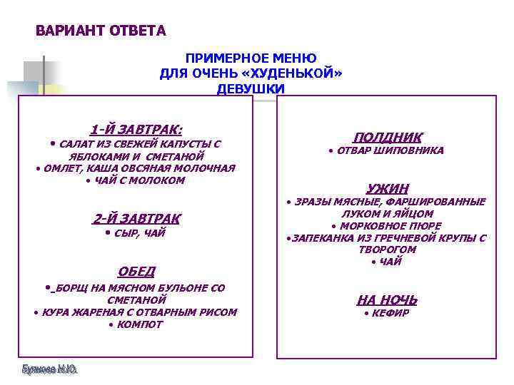 ВАРИАНТ ОТВЕТА ПРИМЕРНОЕ МЕНЮ ДЛЯ ОЧЕНЬ «ХУДЕНЬКОЙ» ДЕВУШКИ 1 -Й ЗАВТРАК: • САЛАТ ИЗ