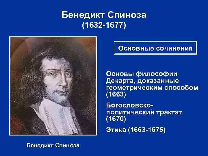 Бенедикт Спиноза (1632 -1677) Основные сочинения Основы философии Декарта, доказанные геометрическим способом (1663) Богословскополитический